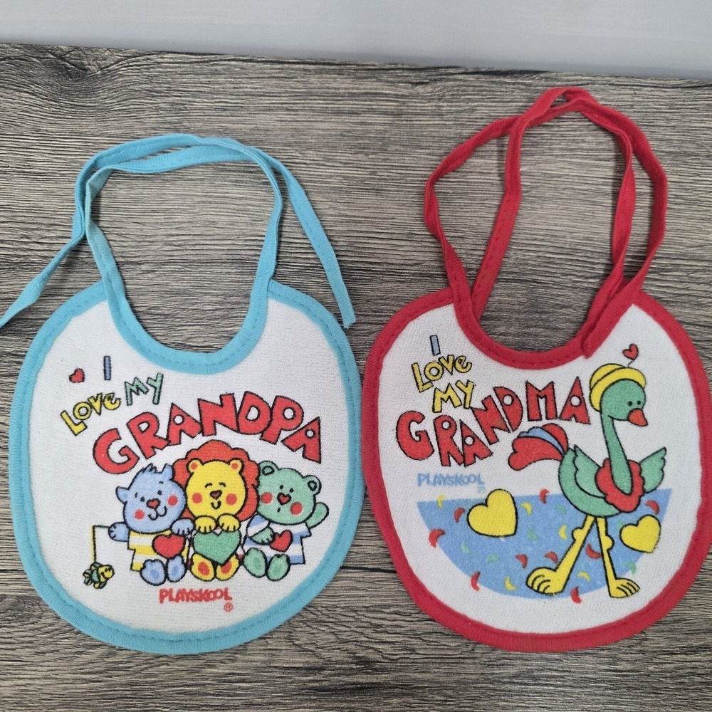 (2) Playskool Baby Bib I Love My Grandma Bird Heart‎ Vintage Flamingo Bears Lion
